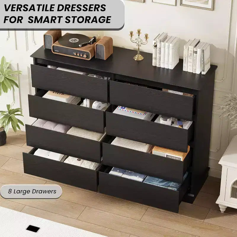 Opbergkast met 8 laden, ladekast met diepe laden, grote brede kast met bovenblad voor woonkamer, hal of kinderkamer