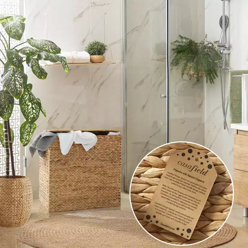 Panier à linge Casafield à 2 compartiments avec couvercle et sacs doublures amovibles, trieur de linge tressé en jacinthe d’eau pour vêtements