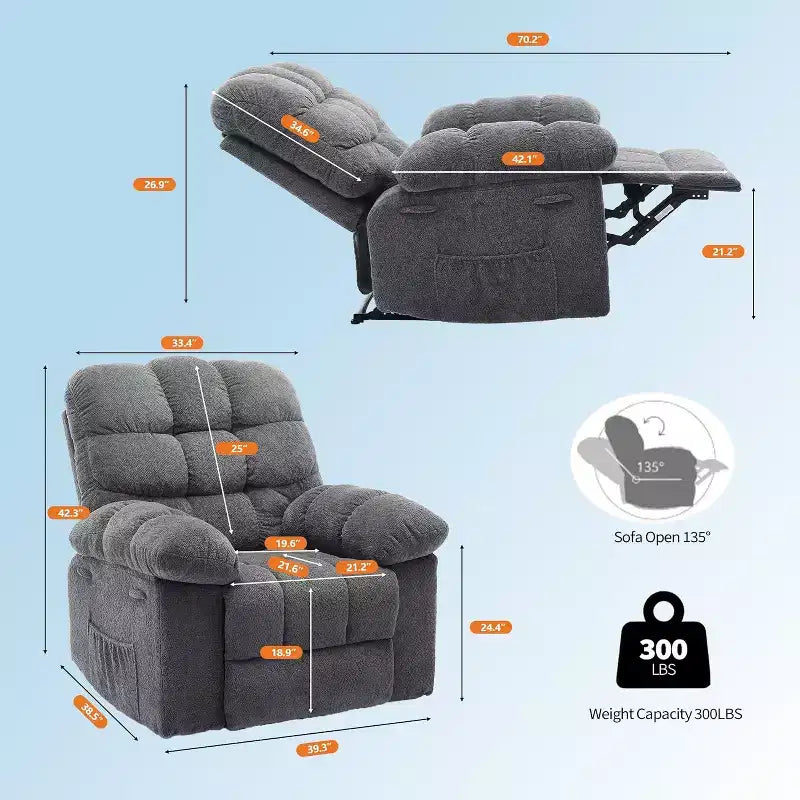 Manueller Relaxsessel, ergonomischer Relaxsessel aus atmungsaktivem Stoff mit Seitentaschen, Einzelsessel, geeignet für Wohnzimmer und Schlafzimmer