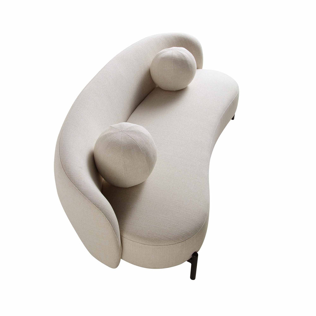 Gebogen 3-zitsbank met balvormige kussens, beige linnenmix