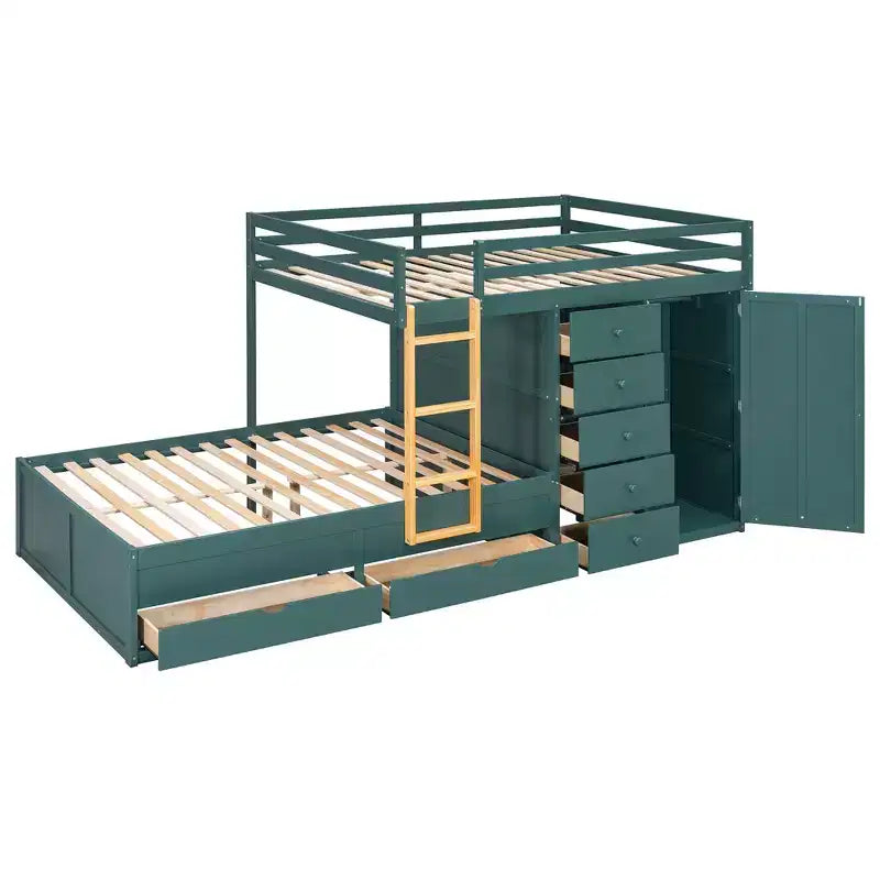 Lit superposé deux places sur deux places avec armoire de rangement et tiroirs, lit superposé en bois deux places gain de place avec barrière de sécurité pour appartement et chambre