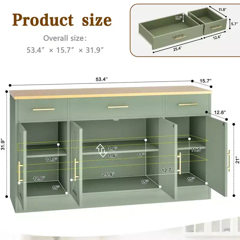 Buffet de rangement Celebalcony, grand meuble de cuisine de 53,4 pouces avec 3 tiroirs et 4 portes, étagère réglable pour la cuisine et le salon