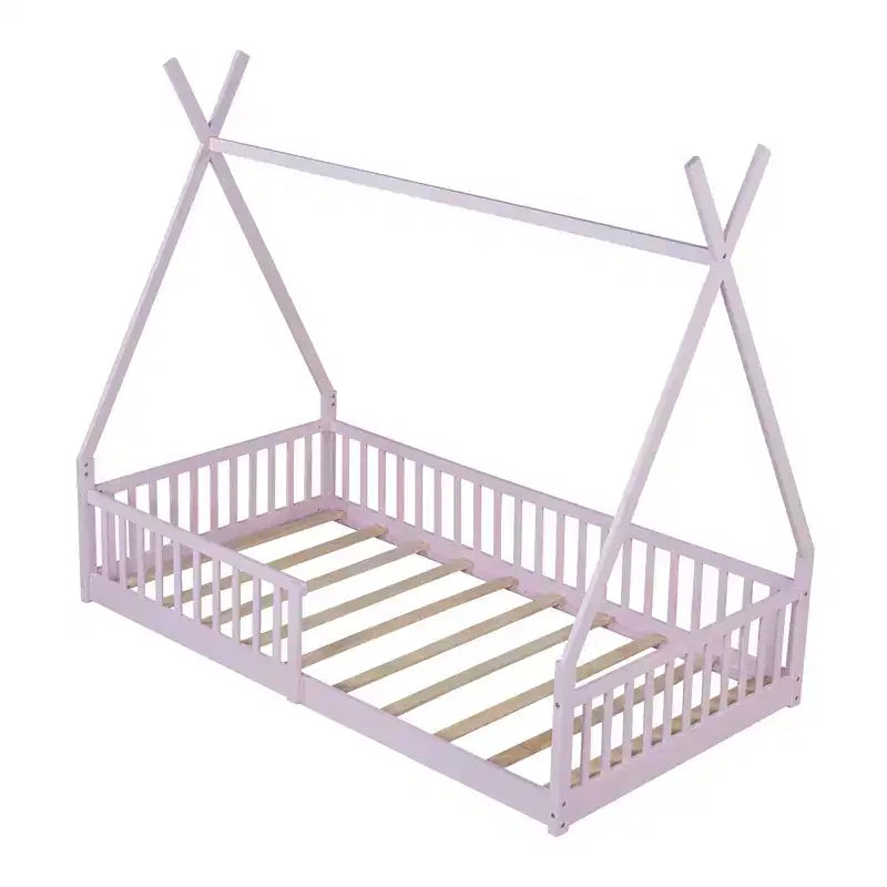 Bodenbett für Kinder, Zeltbett in Einzelgröße, Montessori-Bodenbett mit Lattenrost und Schutzgittern, Holzhaus-Bettrahmen für Jungen und Mädchen