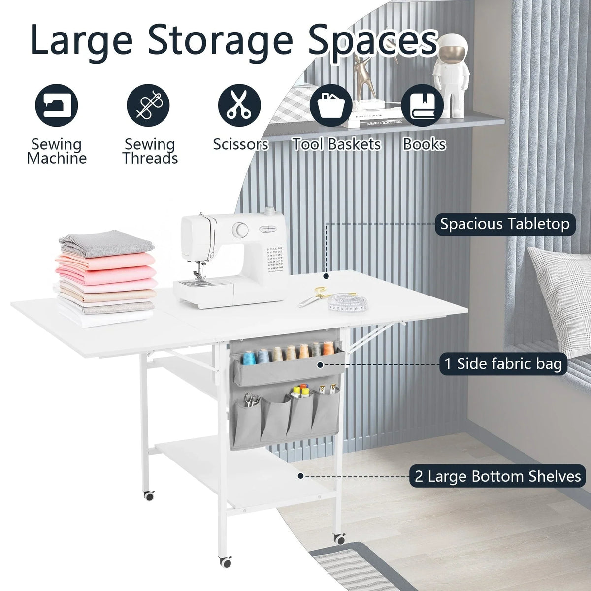 Table de bricolage réglable en hauteur avec étagères de rangement, table de découpe pliante mobile pour bureau à domicile, salle de couture ou atelier créatif