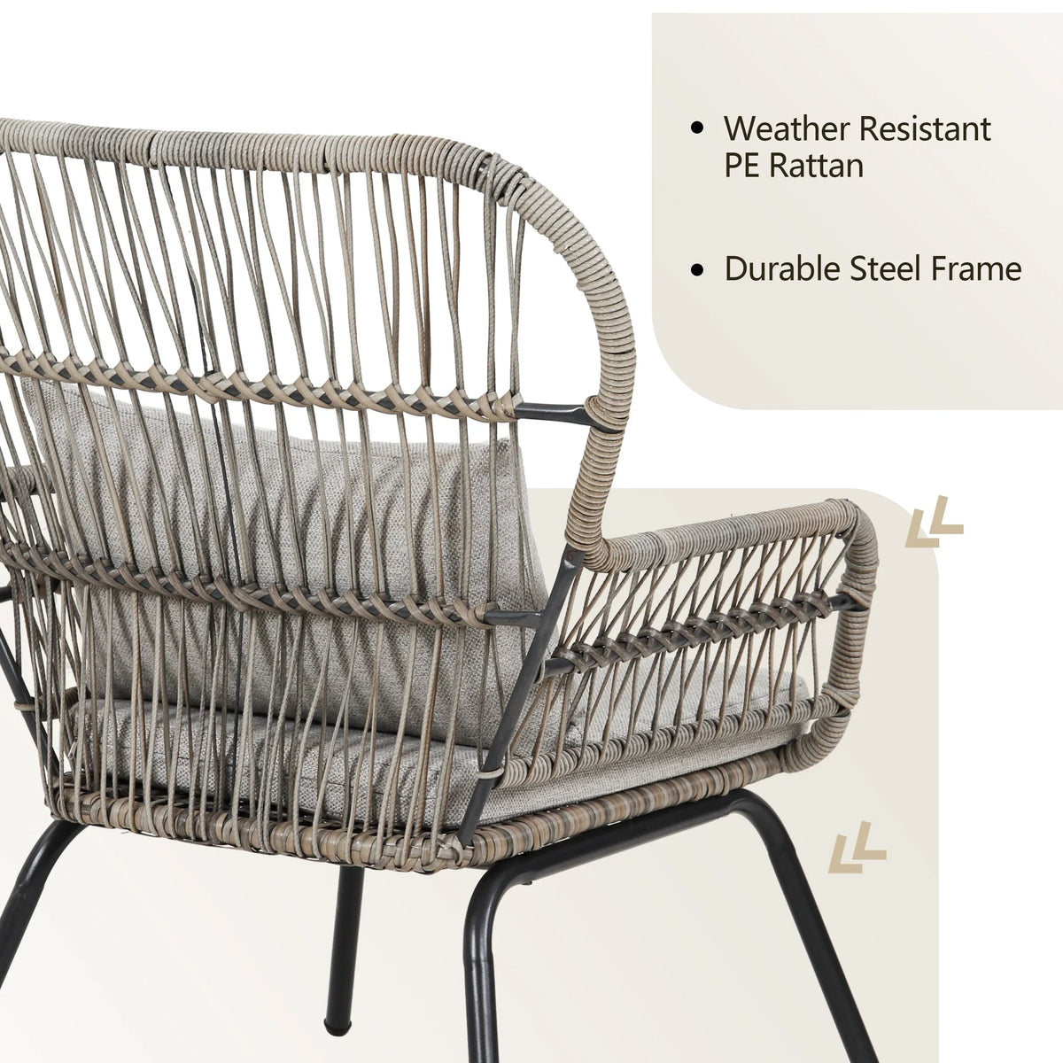 3-delige bistroset van wicker voor buiten, weerbestendige rotan tuinmeubelset met stoelen en kussens