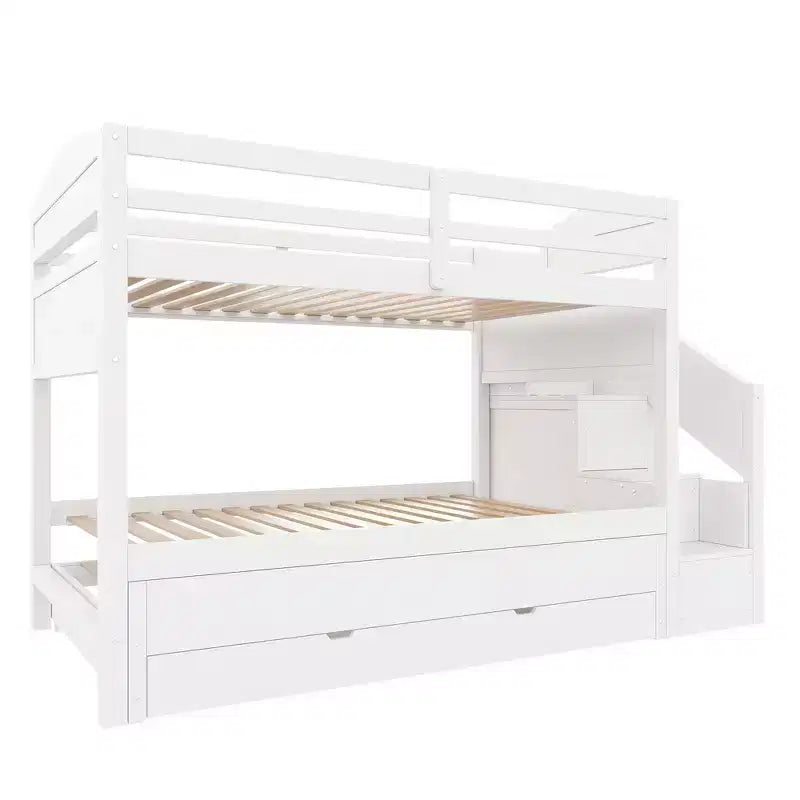Cadre de lit superposé Whisen Twin XL avec lit gigogne, rangement, escalier de rangement en bois massif, armoire et 3 tiroirs, pour enfants