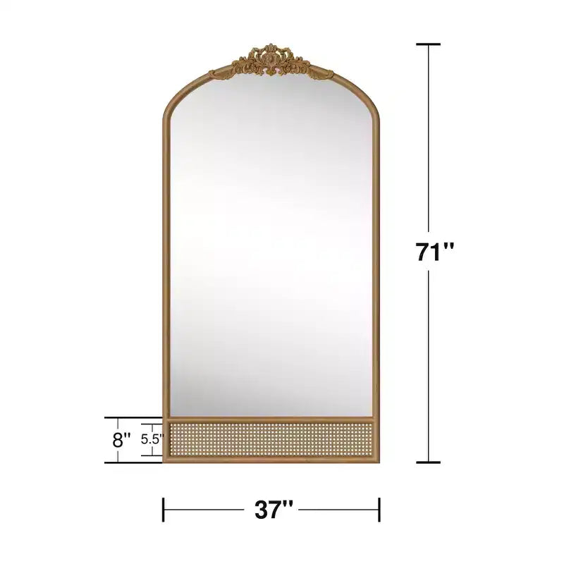 Miroir mural avec cadre en bois en forme d’arche classique sculptée et partie inférieure en rotin, marron, 37 in. W x 71 in. H