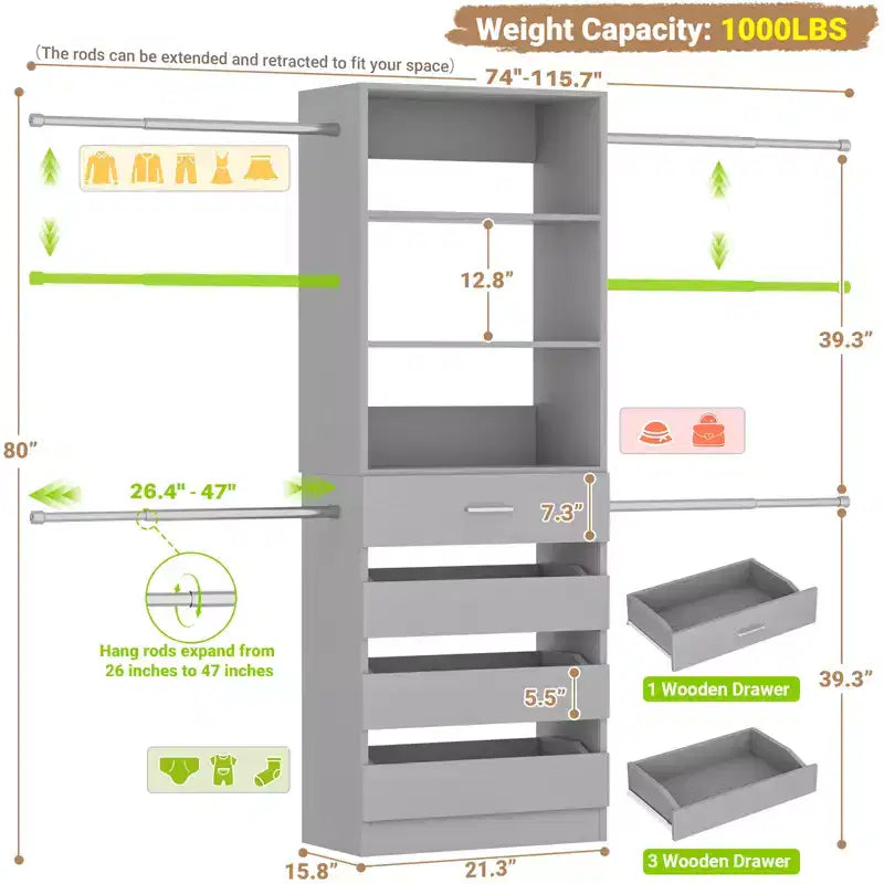 Besiost Holz-Kleiderschrank-Organizersystem für 1,2–2,7 m mit 4 Schubladen, 4 Kleiderstangen und Regaltürmen
