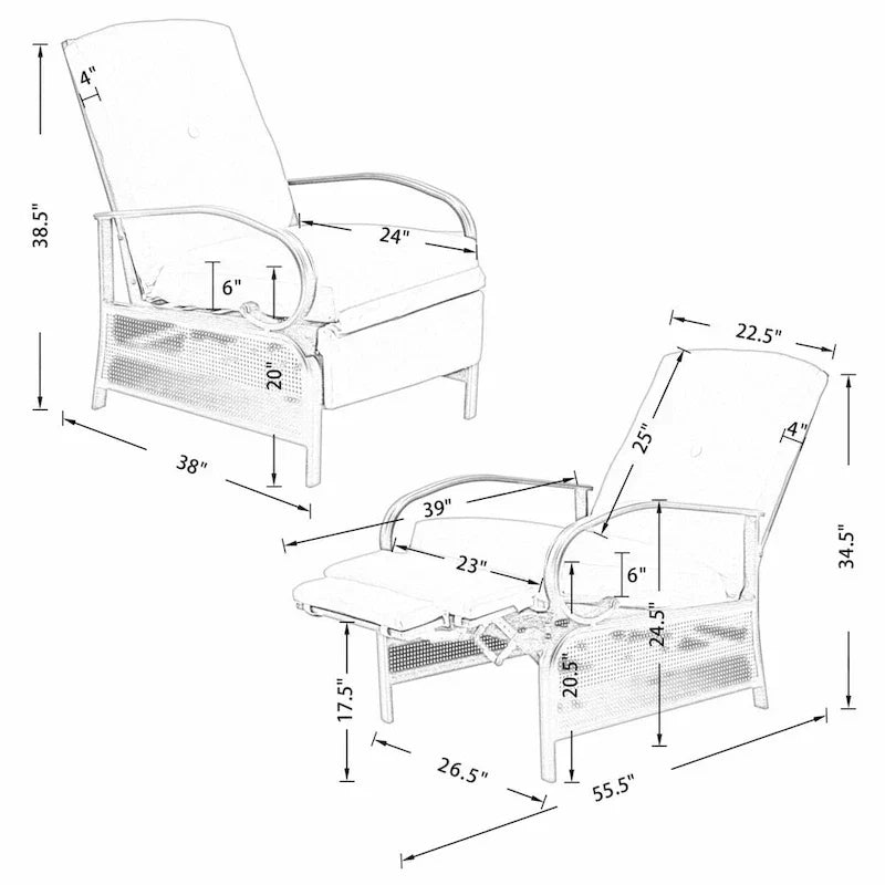 Fauteuil inclinable réglable de salon pour extérieur avec coussin - 38 (P) x 26.5 (L) x 38.5 (H) POUCES