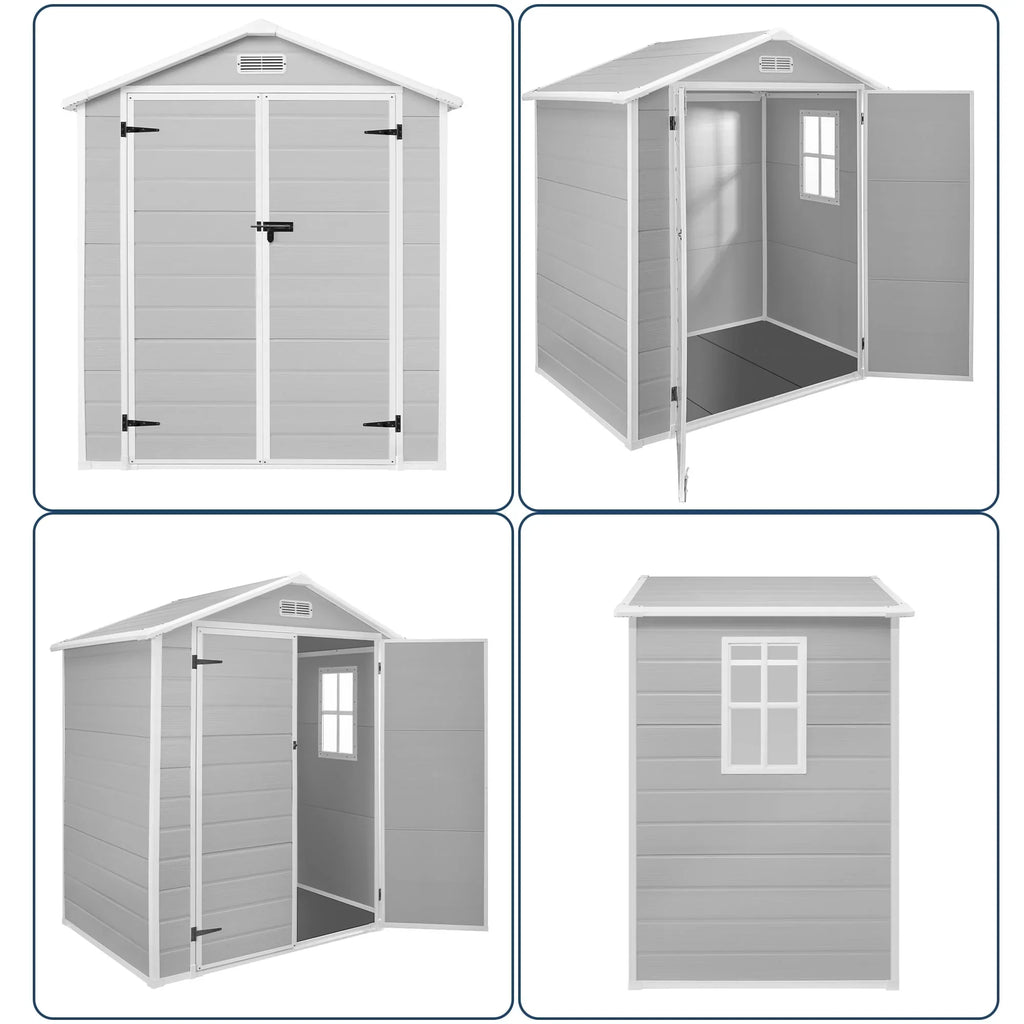 Opslagschuur van 6 ft x 4 ft/6 ft x 8 ft/8 ft x 6 ft/8 ft x 10 ft, weerbestendig kunststofhars voor buiten met vloer, gereedschapsschuur met puntdak