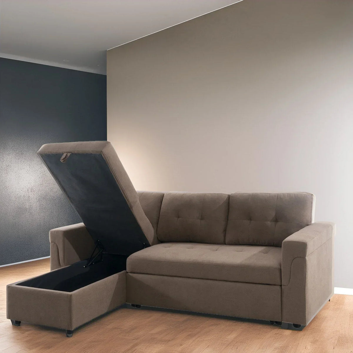 Umwandelbares, beidseitig montierbares Ecksofa mit ausziehbarem Schlafbett, verstecktem Stauraum in der Recamiere und robusten Beinen