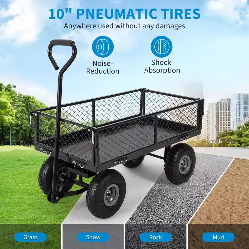 Chariot de jardin en acier robuste, 226,8 kg, chariot utilitaire pliable avec côtés en filet et doublure amovibles, 10 pneus gonflables, poignée de traction