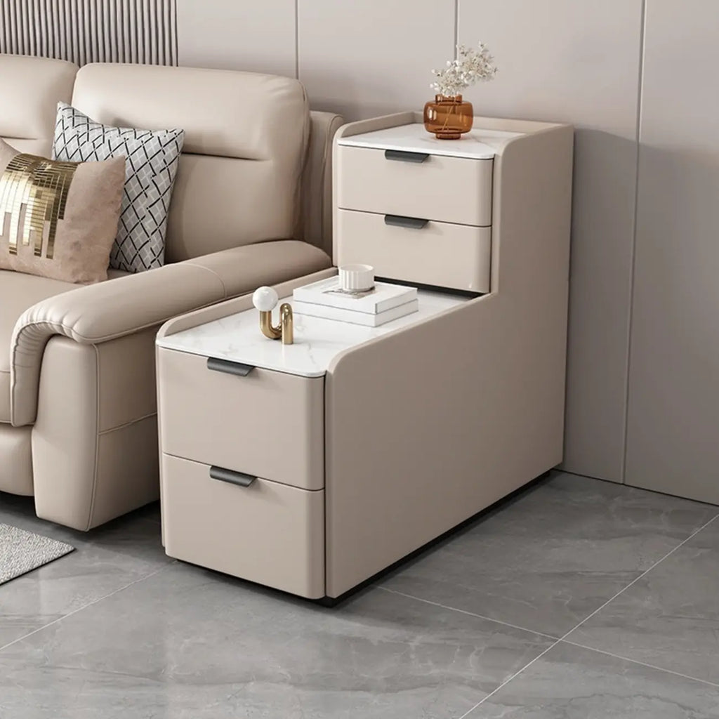 Hochseitentisch für Sofa in L-Form aus Holz mit 4 Schubladen und Steinplatte