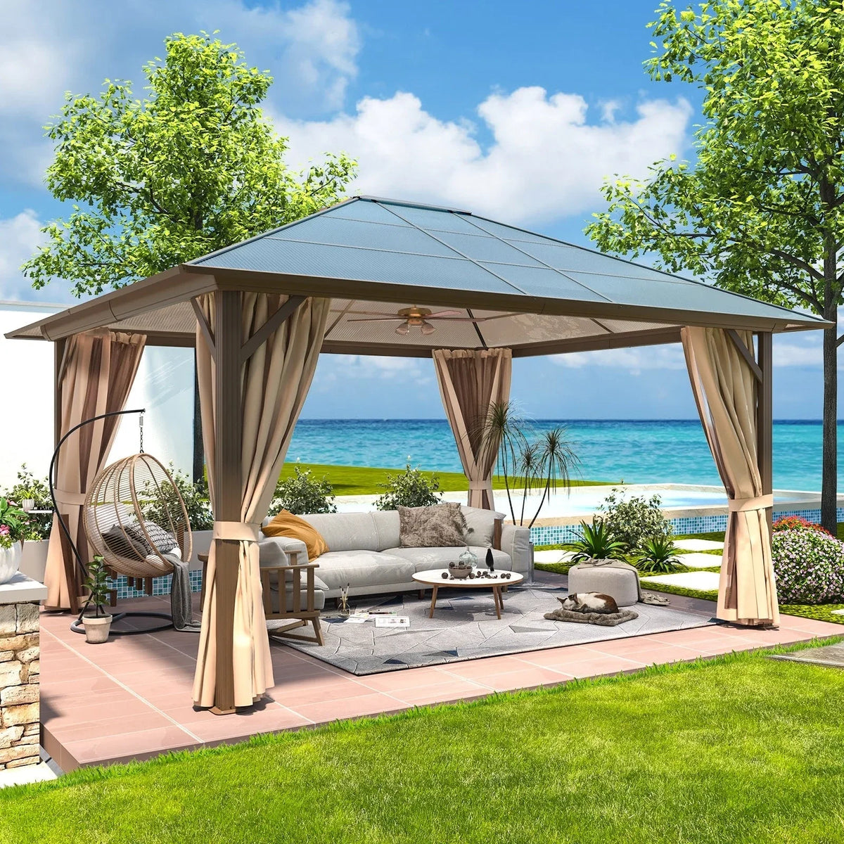 EROMMY Hardtop Gazebo,Outdoor Pergola with Double Roof & Netting & Curtains,Heavy Duty Canopy for Patio, Backyard, Pool party