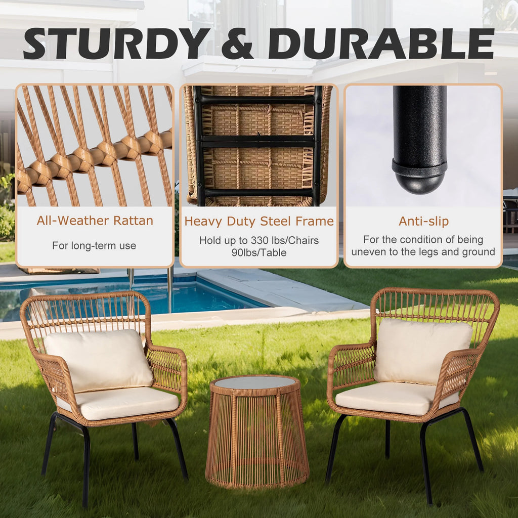 3-delige bistroset van wicker voor buiten, weerbestendige rotan tuinmeubelset met stoelen en kussens