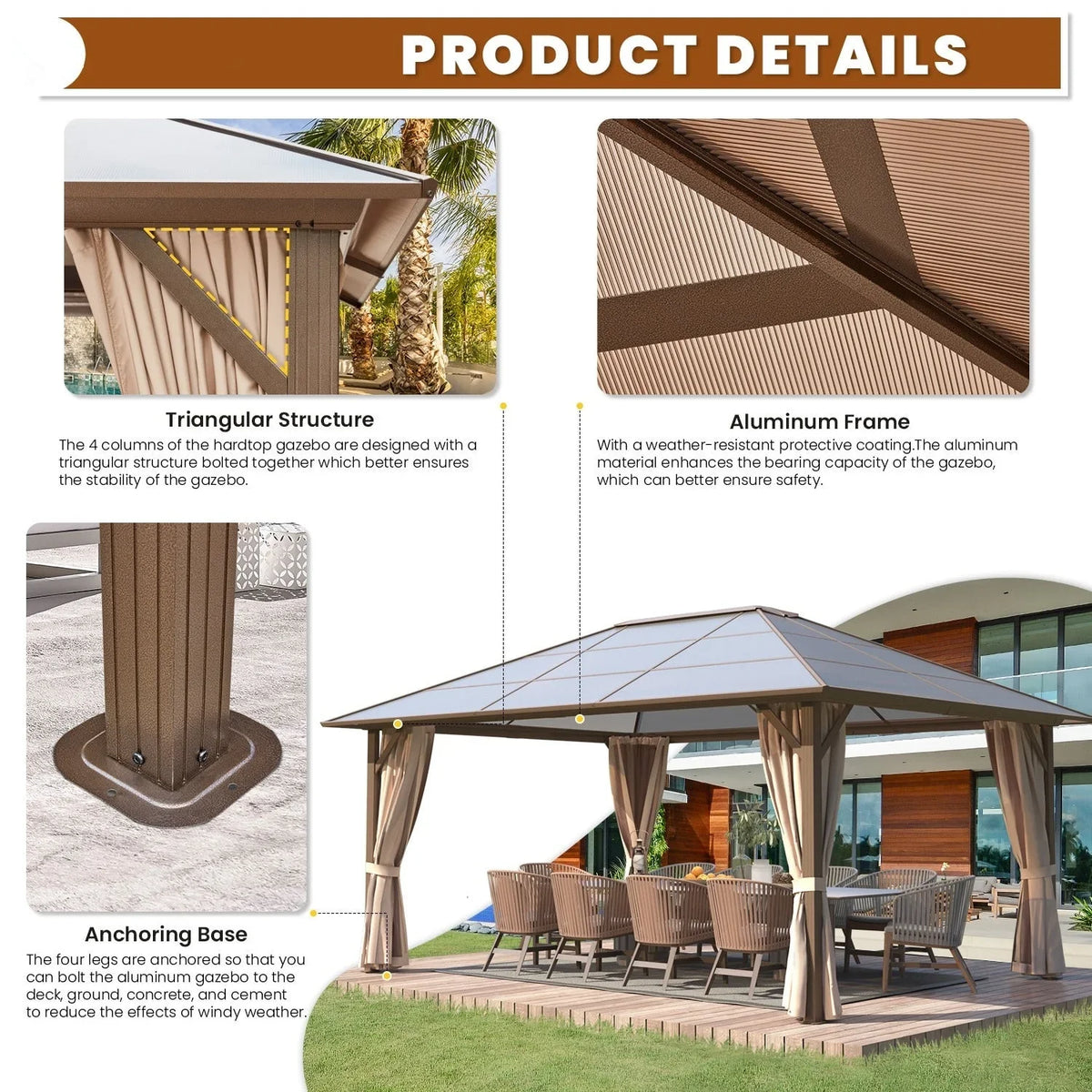 EROMMY Pavillon mit festem Dach, Outdoor-Pergola mit Doppeldach, Netzvorhängen und Vorhängen, robustes Vordach für Terrasse, Garten und Poolpartys