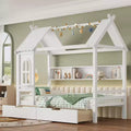 Lit plateforme en forme de maison avec tiroirs de rangement et fenêtre, cadre en bois massif avec étagères, design ludique pour enfant, blanc clair
