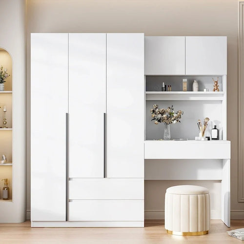3-in-1 Wardrobe Closet with Vanity Desk, Desk Set, Bedroom Armoire with 2 Drawers 3-Door Storage Desk Wardrobe