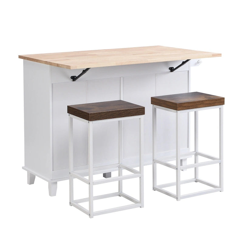 TOPMAX Kücheninsel-Set mit ausklappbarer Arbeitsplatte und 2 Sitzplätzen, Esstisch-Set mit verstellbarem Regal, Schubladen und Handtuchhalter
