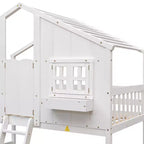 Twin Size House-Shaped Loft Bed, Wood Playhouse Loft Bed with Ladder & Guardrails for Kids