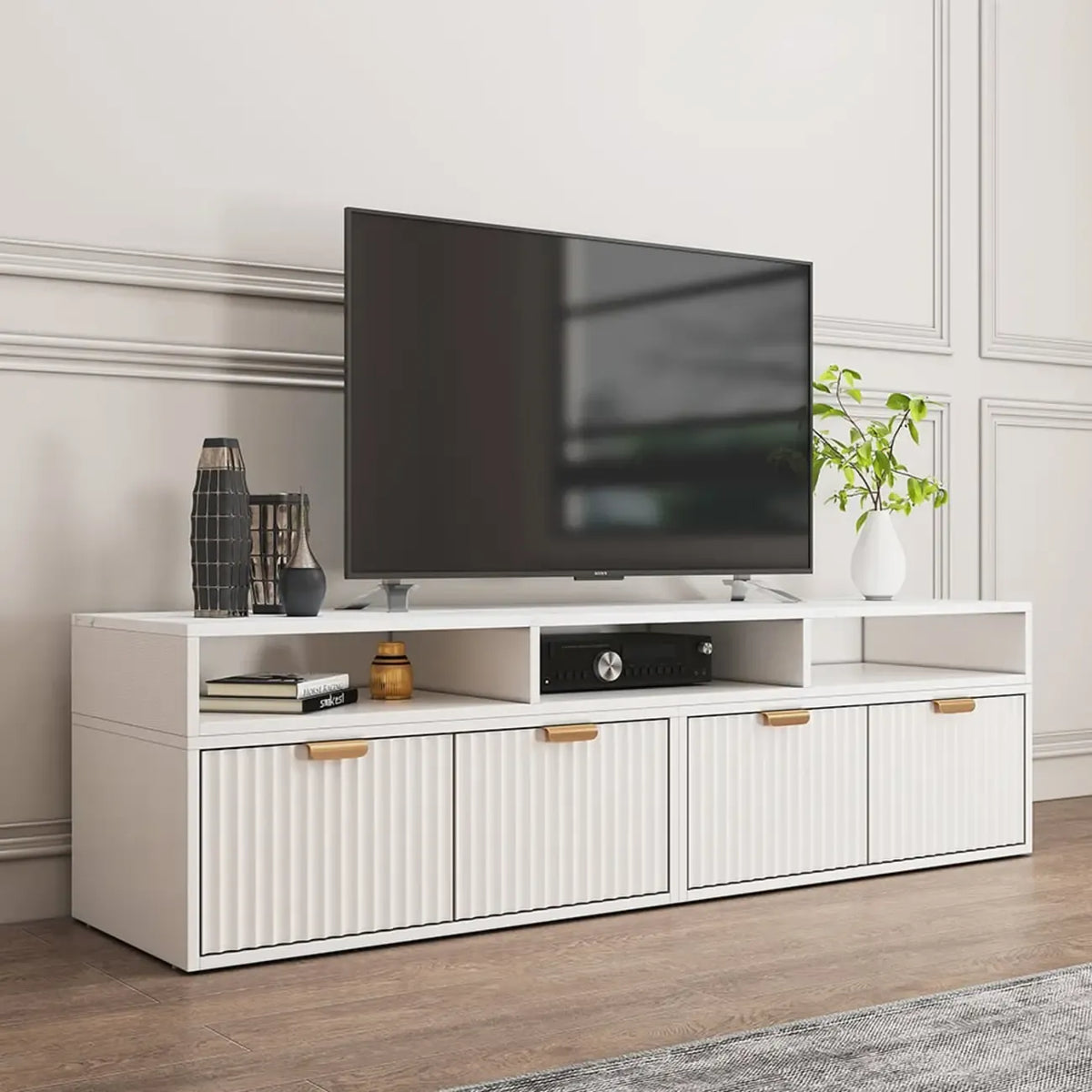 Meuble TV d'angle moderne blanc à 2 tiroirs avec rangement ouvert
