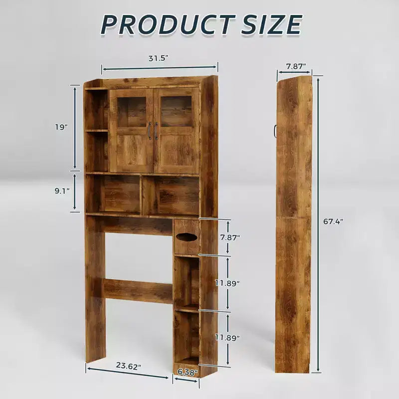 Opbergkast boven het toilet – 171,2 cm hoog, badkamerorganizer en opbergruimte in boerderijstijl met verstelbare plank en glazen deur voor badkamer en wasruimte