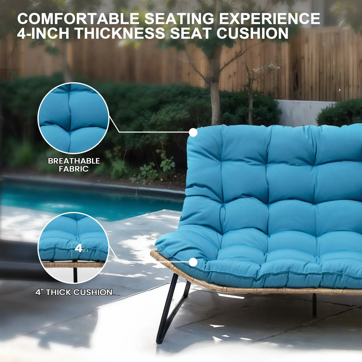 Fauteuil double Papasan avec coussin, rotin PE toutes saisons et structure en métal, pour intérieur et extérieur