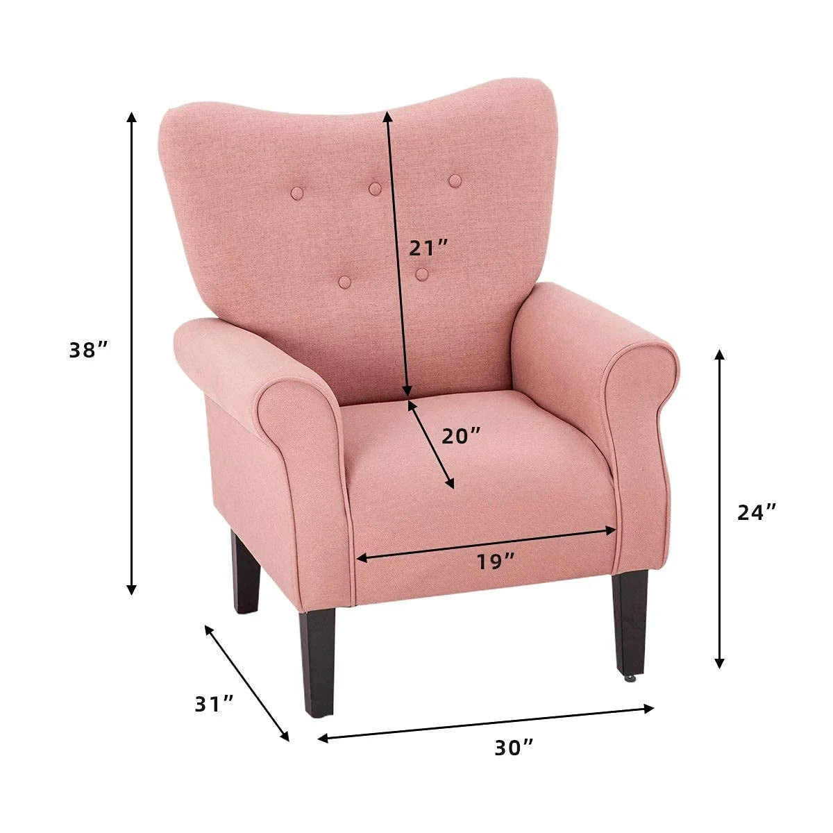 Erommy moderne accentstoel, fauteuil met hoge rugleuning, gestoffeerde stoffen fauteuil met knopen en houten poten voor de woonkamer