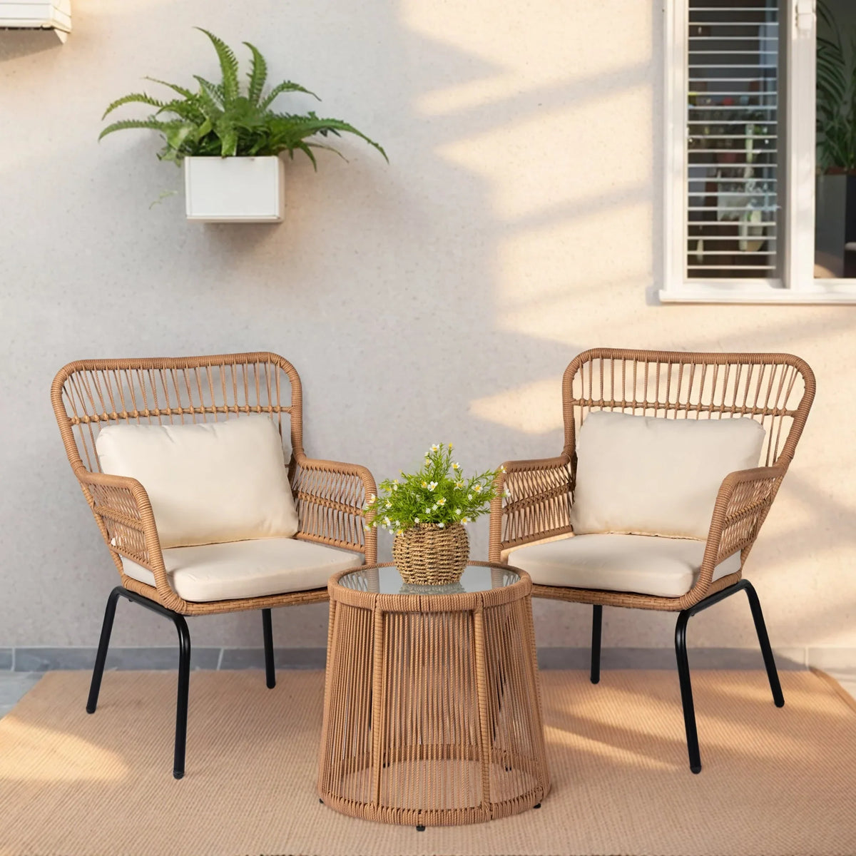 3-delige bistroset van wicker voor buiten, weerbestendige rotan tuinmeubelset met stoelen en kussens