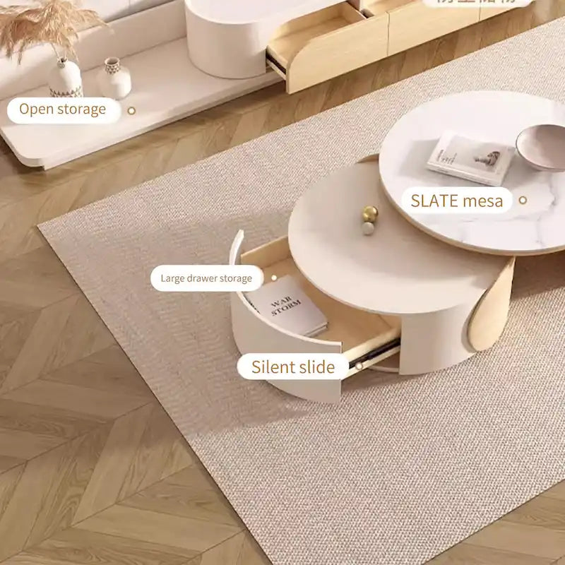 Moderne ronde salontafel, stenen tafelblad, natuurlijk hout - 50 x 31,5
