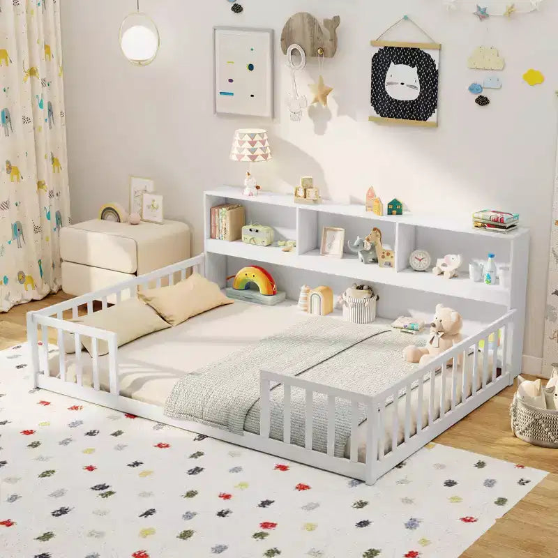 Twin/Full Size Montessori Floor Bed with Bookcase Storage Shelves & Safety Fence Rails White/Gray