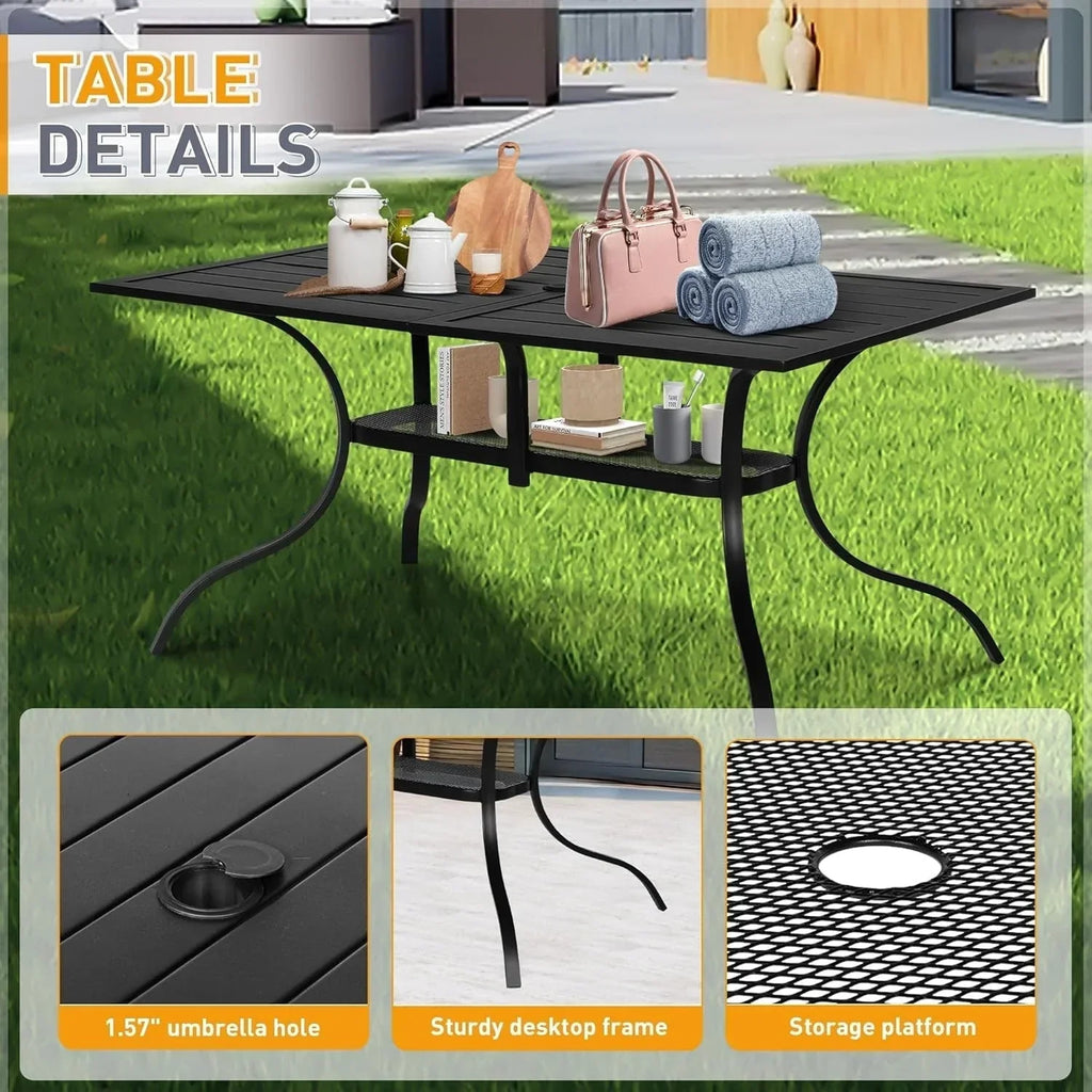 SUNCROWN 5/7-delige stalen tuin-eetsets, metalen tafel met lattenblad en stapelbare stoelen, gepoedercoat frame