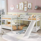L-vormig stapelbed voor 4 kinderen, vierpersoons stapelbed met glijbaan, houten stapelbedframe met full- en twinbed voor slaapkamer of slaapzaal