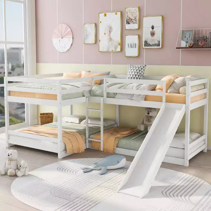 L-vormig stapelbed voor 4 kinderen, vierpersoons stapelbed met glijbaan, houten stapelbedframe met full- en twinbed voor slaapkamer of slaapzaal