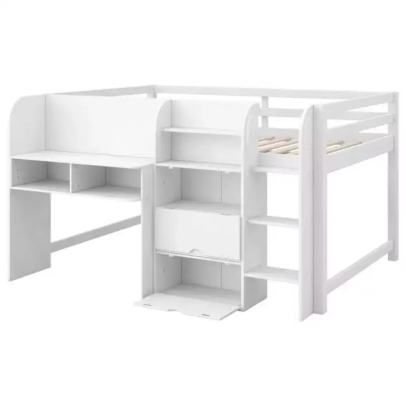 Laag stapelbed in roze/wit met bureau, opbergruimte en whiteboard - C voor 1 persoon, eenpersoonsbed