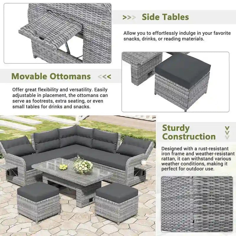 Ensemble de meubles d’extérieur en rotin avec table réglable, fauteuils inclinables et 2 poufs