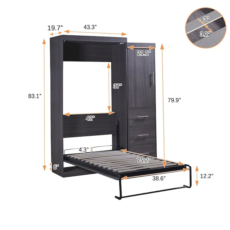 Graues klappbares Schrankbett mit Kleiderschrank und 3 Schubladen, Doppelbett/Einzelbett, für 1 Person