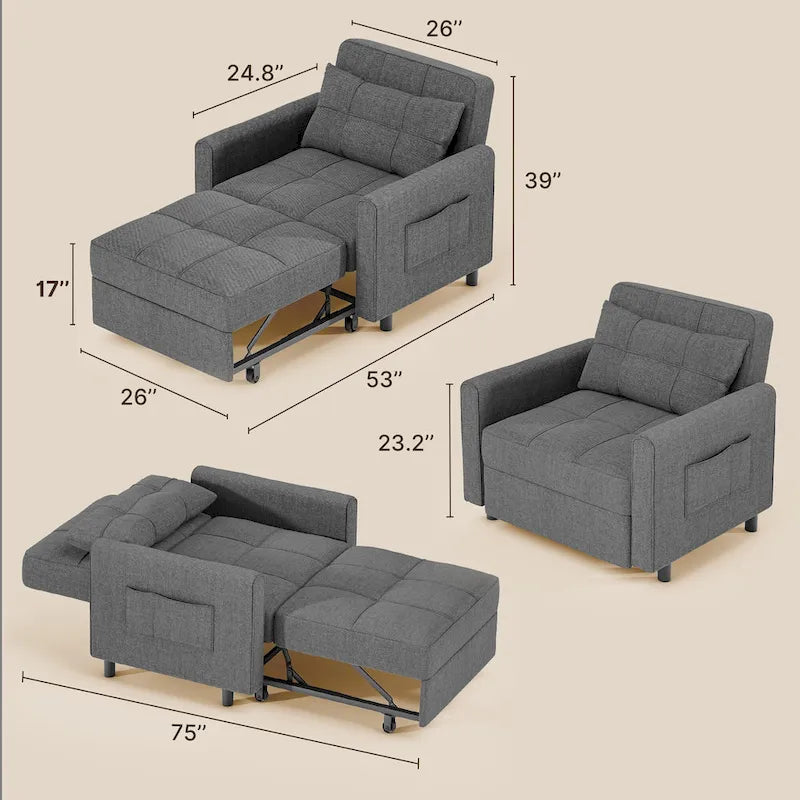 3-in-1 slaapstoel met uitschuifbaar slaapbankbed, verstelbare, opvouwbare, gestoffeerde loungedivan
