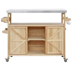 Okak Outdoor Kitchen Island with Stainless Steel Top, Wooden Kitchen Cart with Doors, Shelves and Spice Rack, Rolling Kitchen Island