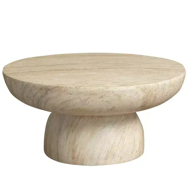 Table basse ronde à piédestal en fiberstone, table d’appoint sculptée pour intérieur et extérieur avec patins antidérapants