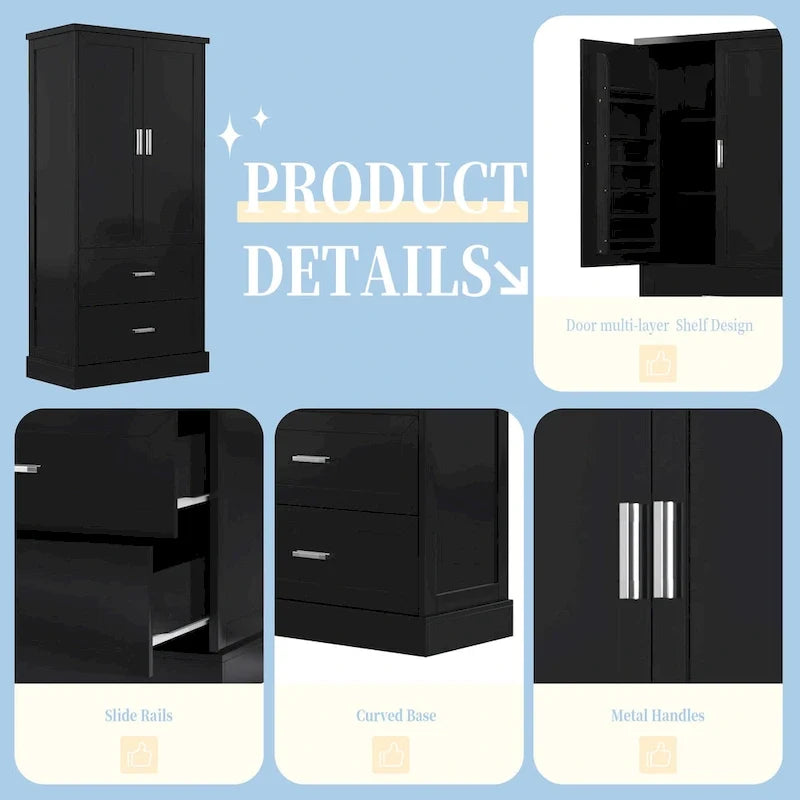 Armoire haute de rangement pour salle de bains, avec deux portes et tiroirs, étagère réglable, panneau MDF