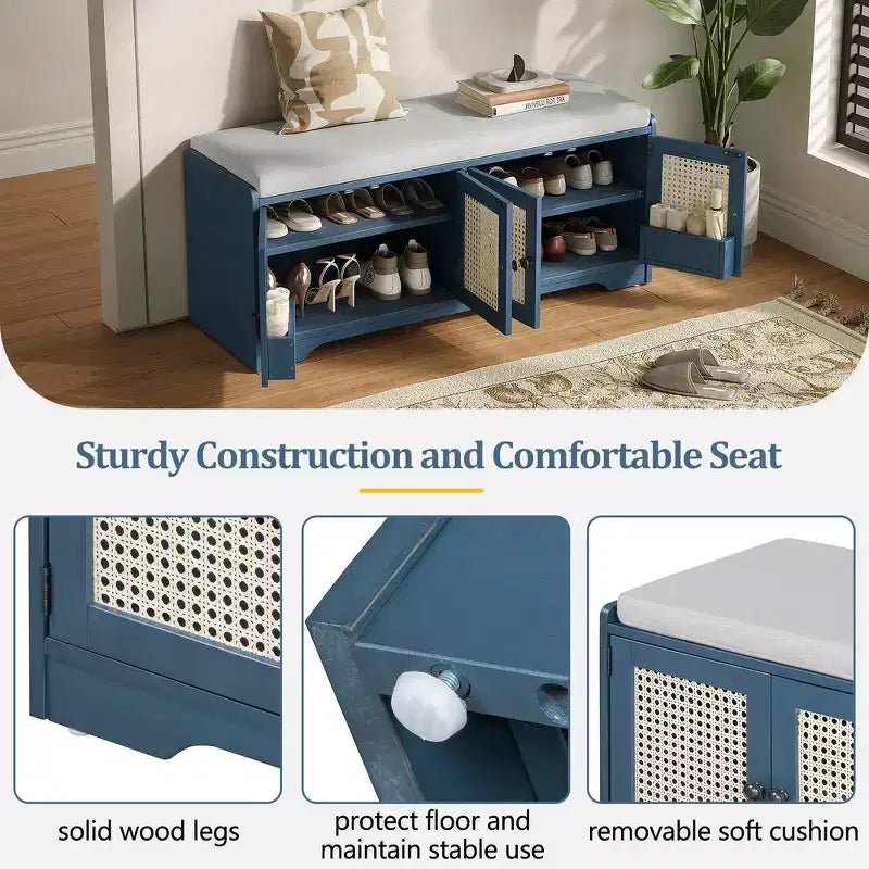 Banc de rangement rustique en bois Whisen, banc à chaussures pour entrée avec coussin amovible et étagères réglables