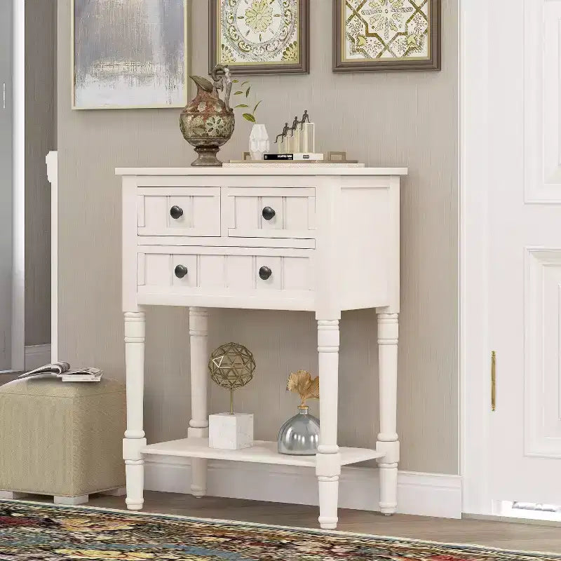 Smalle consoletafel van 60,2 cm met 3 laden en plank, sofatafel voor kleine entrees of woonkamers