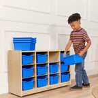 Meuble mobile à plateaux avec casiers et 15 bacs frontaux à ouverture en forme de cuillère, 3 x 4, mobilier pour enfants