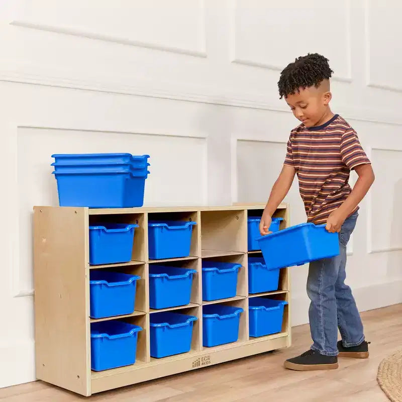 Meuble mobile à plateaux avec casiers et 15 bacs frontaux à ouverture en forme de cuillère, 3 x 4, mobilier pour enfants