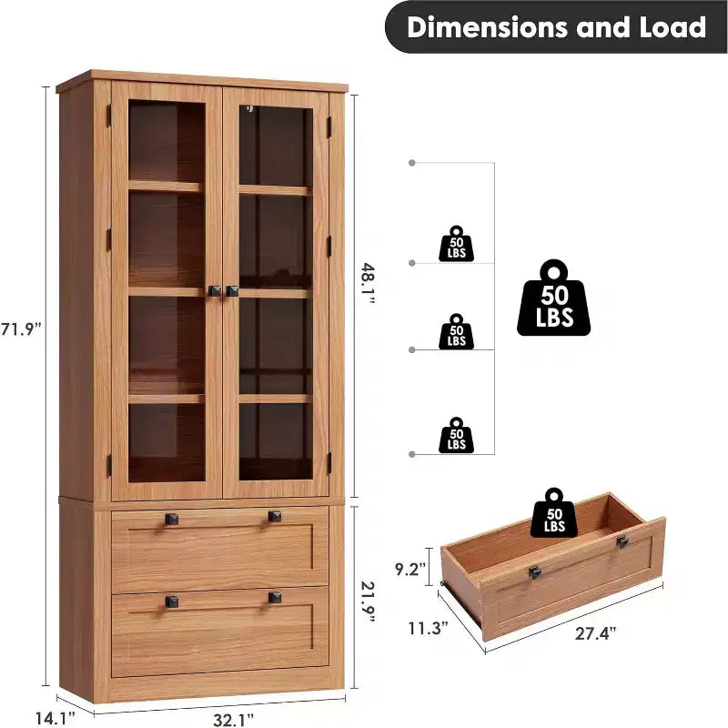 Küchenvorratsschrank im Landhausstil mit Glastüren, 183 cm hoher Aufbewahrungsschrank mit Schubladen und verstellbaren Einlegeböden für Esszimmer, Badezimmer und Wohnzimmer