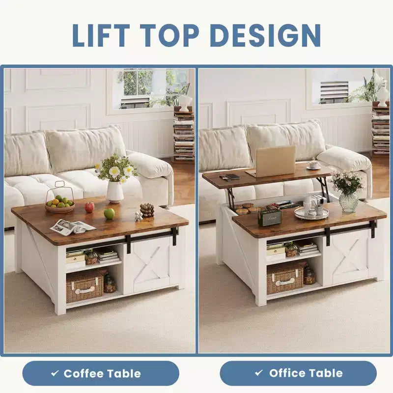 Table basse relevable JIONJOY de 31,5 po avec grand espace de rangement dissimulé, étagères réglables, table centrale carrée de style champêtre pour salon et petits espaces