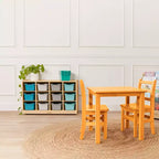 Meuble mobile à plateaux avec casiers et 15 bacs frontaux à ouverture en forme de cuillère, 3 x 4, mobilier pour enfants