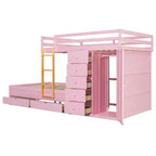 Lit superposé deux places sur deux places avec armoire de rangement et tiroirs, lit superposé en bois deux places gain de place avec barrière de sécurité pour appartement et chambre