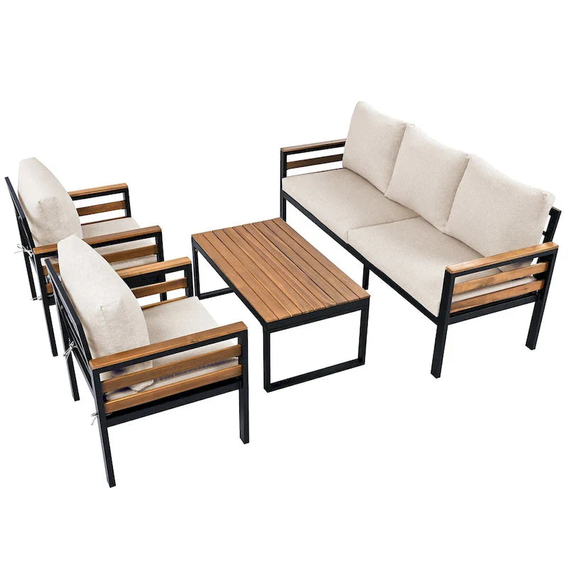 Ensemble de canapé d’extérieur de 4 pièces pour 5 personnes avec table basse en bois massif et coussins amovibles